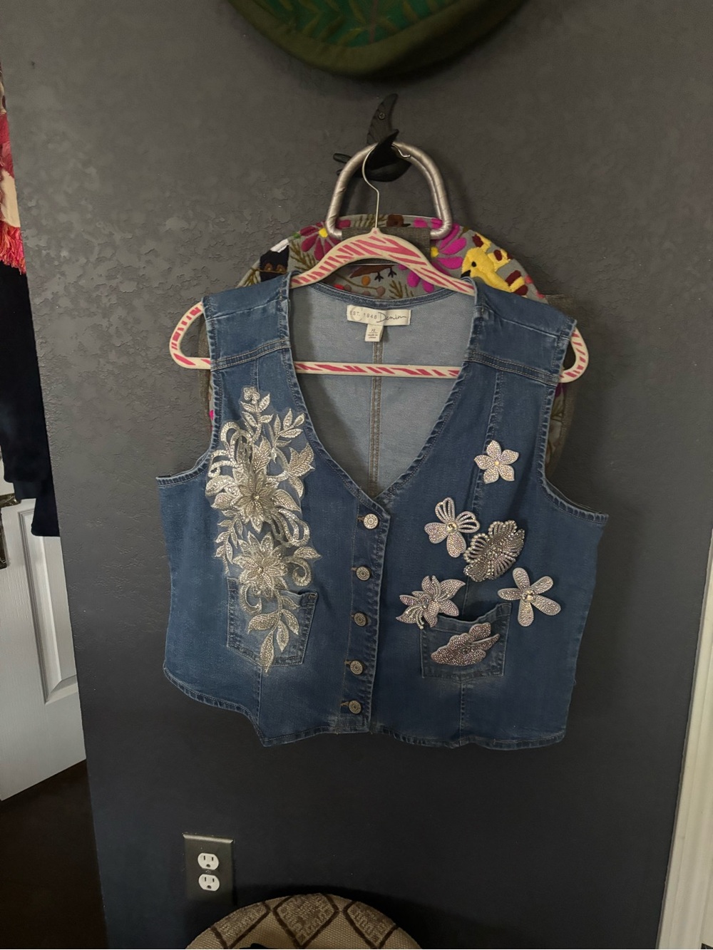 Denim Embroidered Floral Vest - Blue